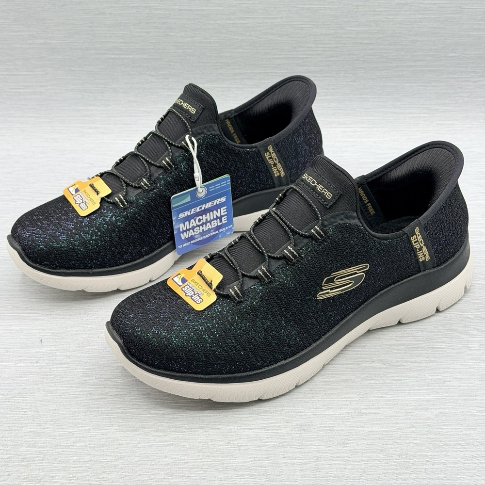 Skechers Slip Ins Women's 7.5 Black Green Glitter Gold Sneakers Summits 150280